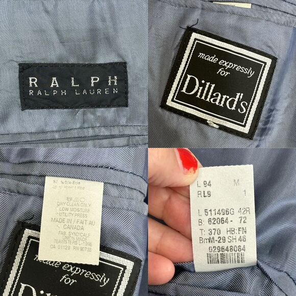 Vtg Ralph Lauren Blazer Men 42R Silk Wool Blue Houndstooth 3-Button Suit Jacket - Picture 13 of 13